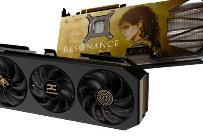 PowerColor Resonance RX 9070 XT graphics card with gold Plague Tale Legacy backplate artwork