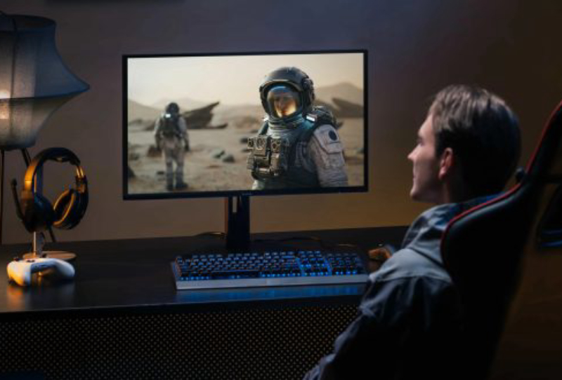 Homepage 2026 1 ViewSonic XG2738-2K-OLED monitor shown at an angle displaying vivid colours on its 27-inch QD-OLED panel