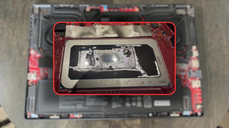 Liquid Metal Corrosion Nearly Wrecks Asus Zephyrus M16 1 Corroded Zephyrus M16 liquid metal residue visible on a laptop CPU heatsink and lid