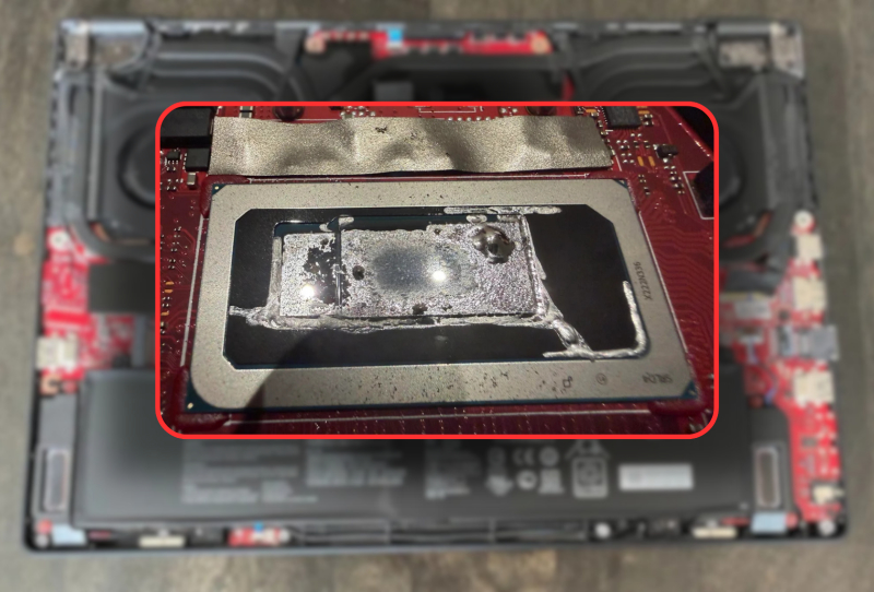 Corroded Zephyrus M16 liquid metal residue visible on a laptop CPU heatsink and lid