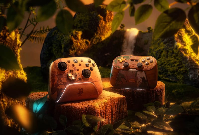 Homepage 2026 1 8BitDo Tomb Raider anniversary controllers featuring Lara Croft artwork and Hall-effect triggers