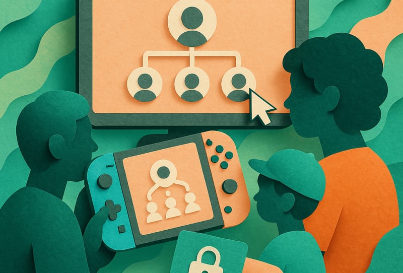 Homepage 2026 33 A family sitting together while setting up a Nintendo Account family group on a laptop and Nintendo Switch console