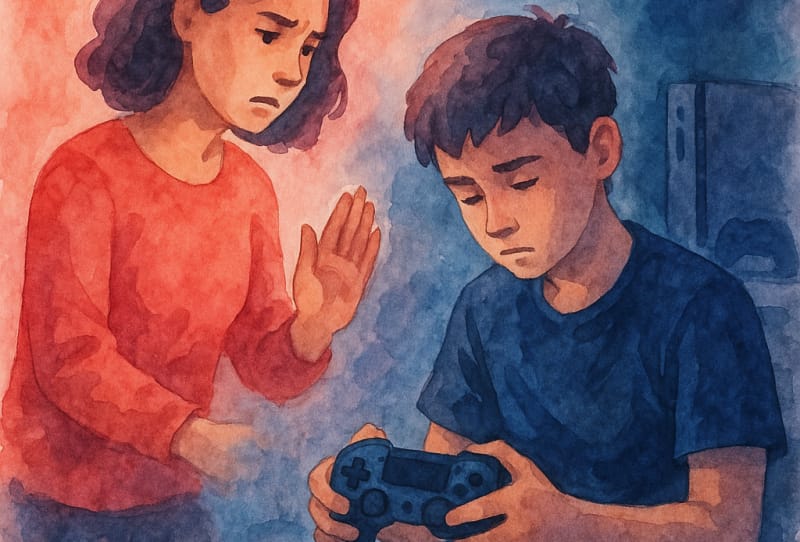 A person setting down a game controller next to a console and TV in a living room