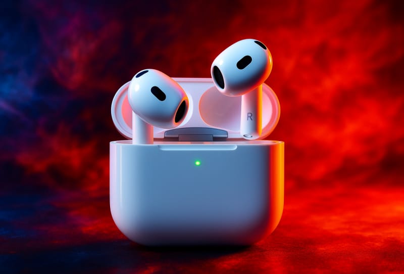 Apple AirPods 5 active noise cancellation earbuds resting beside their charging case