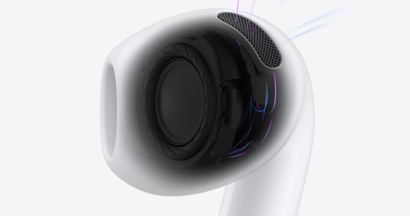 Apple AirPods 5 earbuds and charging case showing the new AirPods 5 noise cancellation design