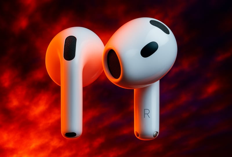 Apple AirPods 5 earbuds and charging case showing the new AirPods 5 noise cancellation design