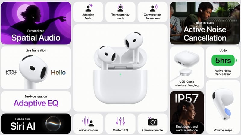 Apple's AirPods 5 Bring Noise Cancellation to Open-Ear Design 3 Apple AirPods 5 open-ear earbuds shown beside their charging case