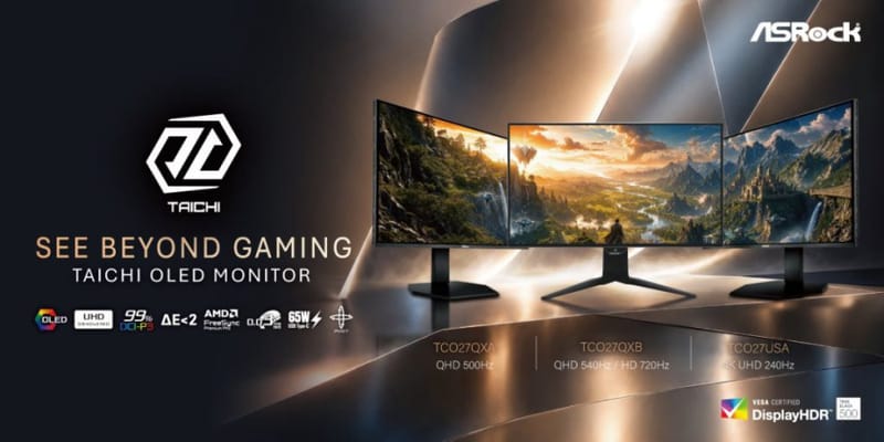 ASRock Taichi OLED Monitors Debut With Up To 720Hz 2 ASRock Taichi OLED monitors lined up showing rear lighting and thin bezels