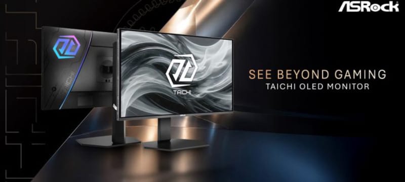 ASRock Taichi OLED Monitors Debut With Up To 720Hz 3 ASRock Taichi OLED monitors lined up showing rear lighting and thin bezels