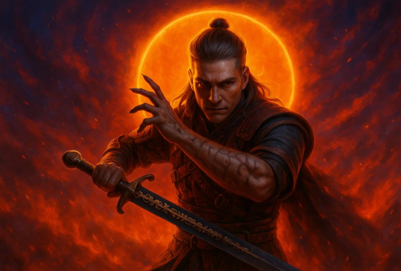 Blood of Dawnwalker 2 concept artwork showing a dark fantasy vampire hunter in a Carpathian forest