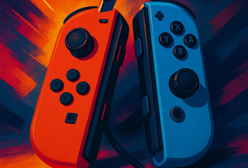 Nintendo Switch Joy-Con controllers and a Pro Controller connected to USB-C charging cables