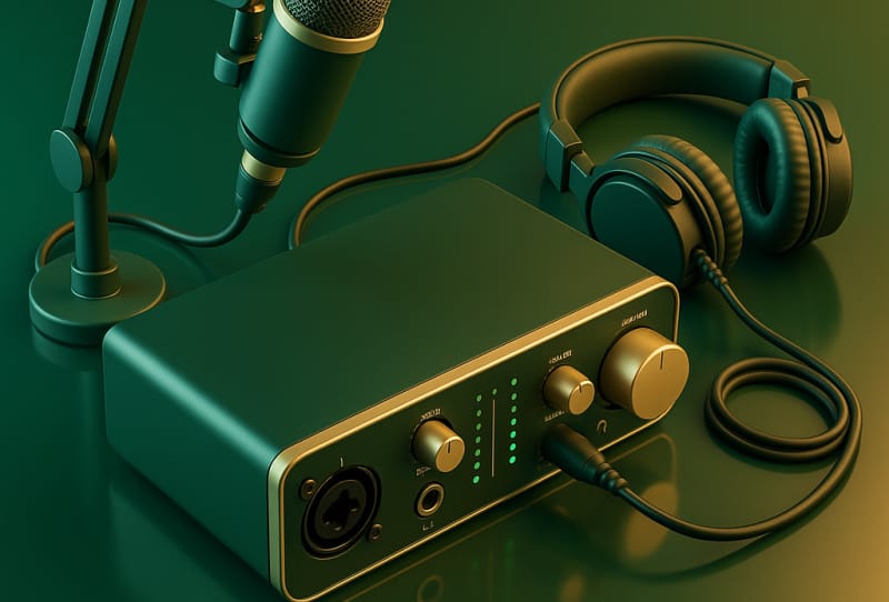 A compact audio interface with XLR microphone cables plugged in on a home podcast desk