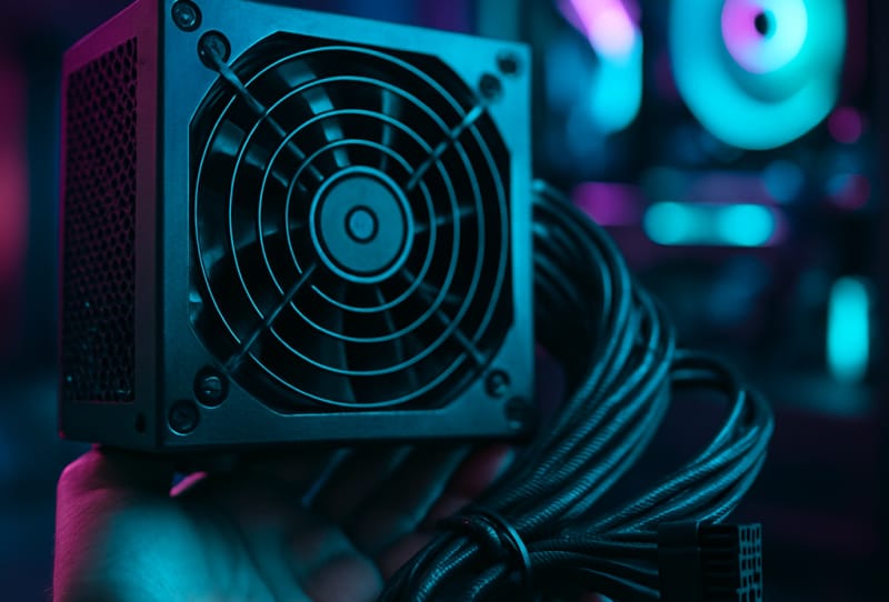 A modular gaming PC power supply sitting next to its cables on a desk