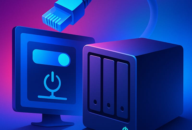 Homepage 2026 16 Network cable connected to a NAS device on a home network shelf