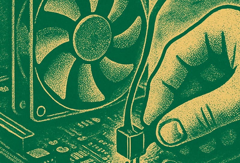 Case fan cable being plugged into a fan header on a gaming PC motherboard