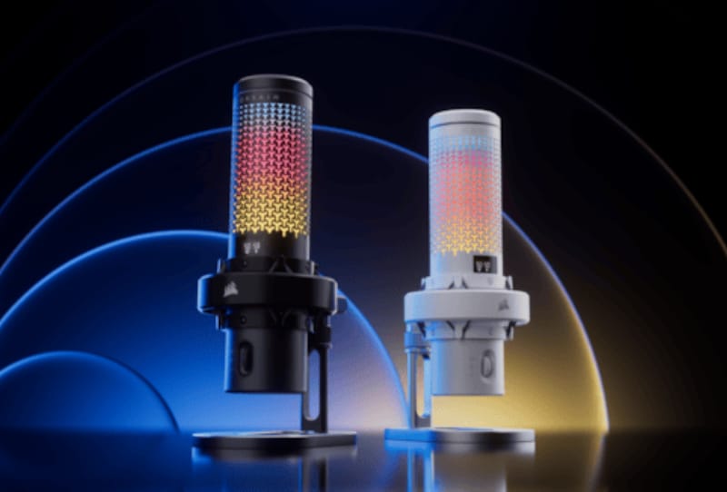 Homepage 2026 12 Corsair VOXARA microphone with RGB lighting sitting on a desktop boom arm