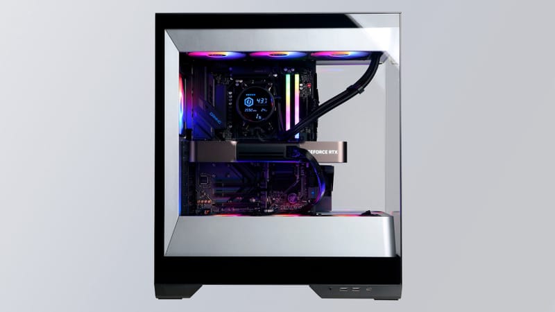 CyberPowerPC SLC8500WST gaming PC tower featuring a Ryzen 7 9800X3D processor and RTX 5080 Founders Edition graphics card