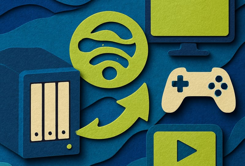NAS device connected to a home network streaming media to a television via DLNA