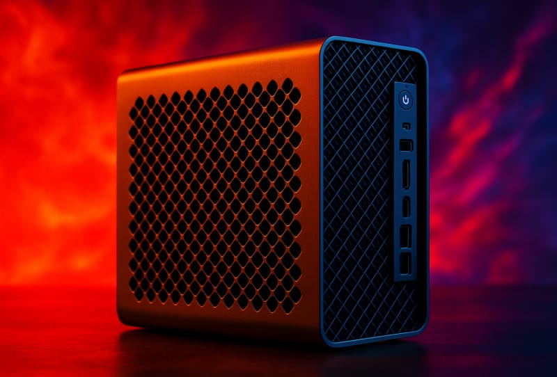 Homepage 2026 1 FEVM RTX 5090 mini PC chassis shown from the front with ventilation grille