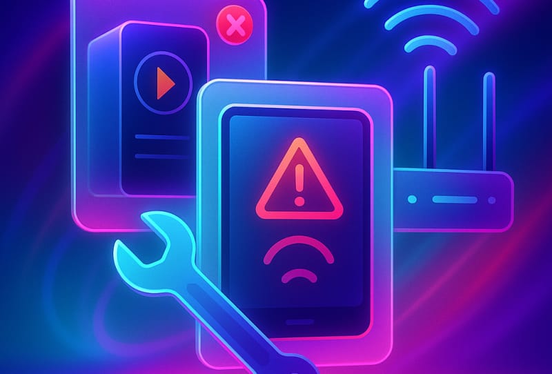 Plex media server connection error shown on a screen with network cables in the background