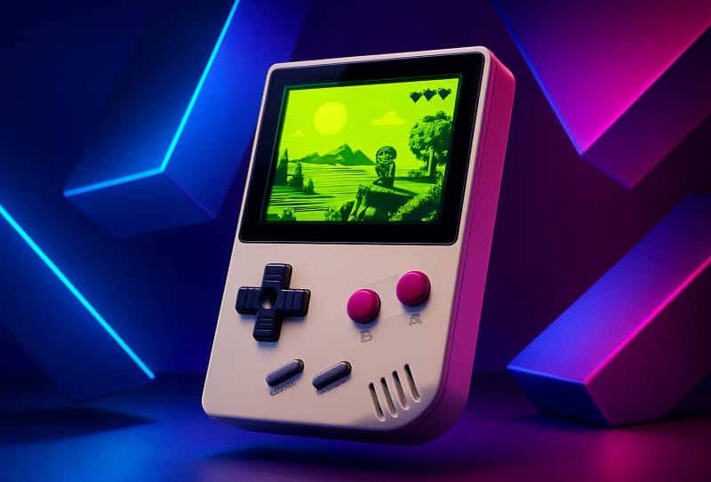 FPGB Mini handheld console shown next to an original Game Boy cartridge for scale