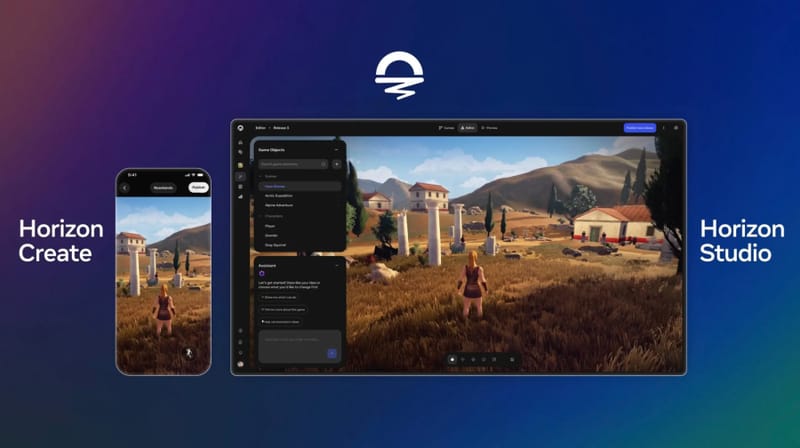 Meta Horizon Create app interface showing a text prompt building a playable 3D game