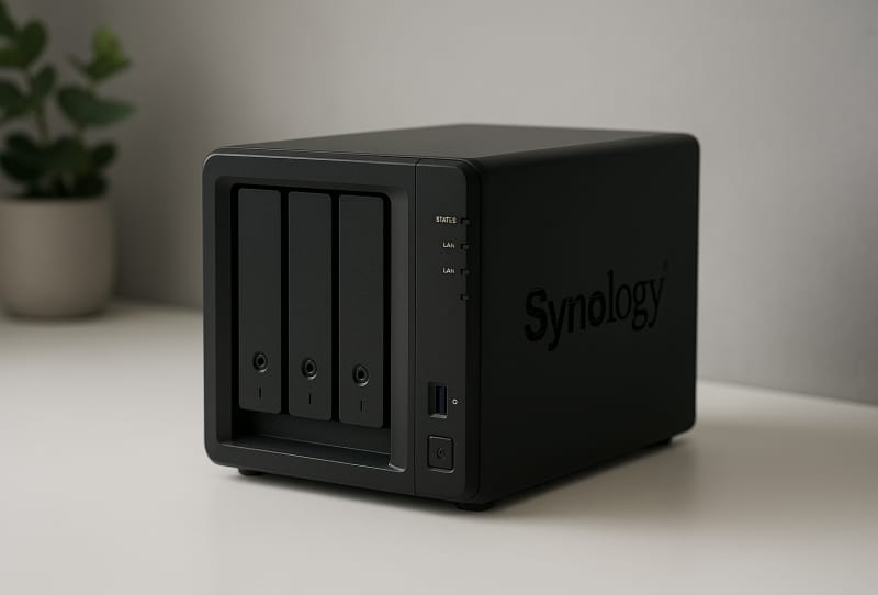 Synology NAS device being set up with hard drives installed and connected to a router