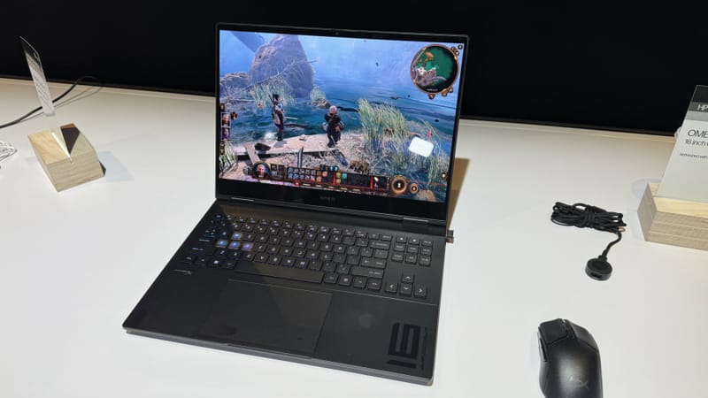 HP Omen Transcend 14 gaming laptop shown open with its 3K OLED display and RTX 5070 GPU branding