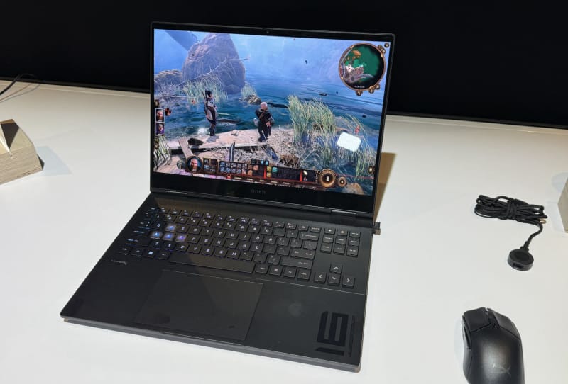 HP Omen Transcend 14 gaming laptop shown open with its 3K OLED display and RTX 5070 GPU branding