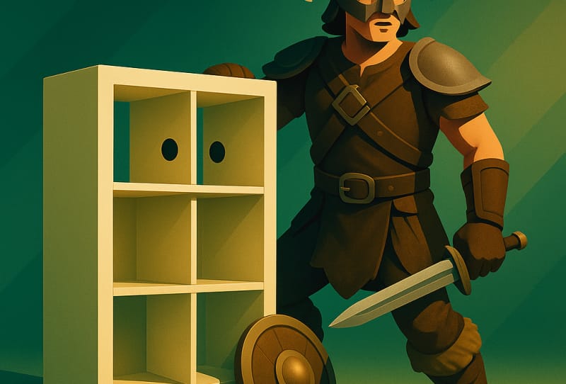 IKEA Skyrim mod screenshot showing the Kallax shelving companion standing beside a player character