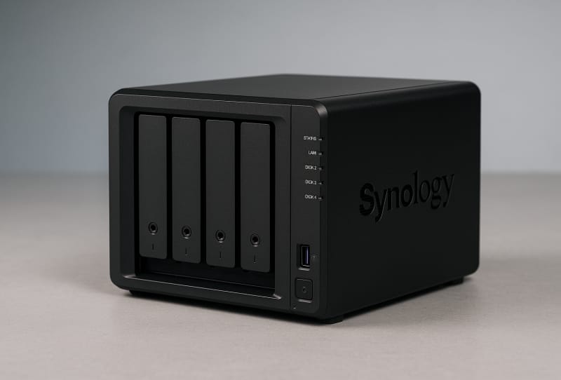 Technician installing hard drives into a Synology NAS enclosure