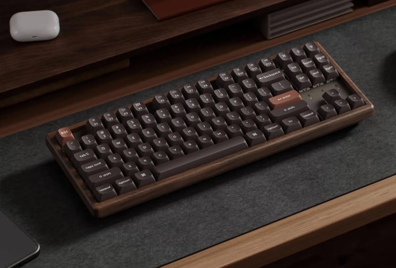 Keychron K8 HE All-Wood mechanical keyboard with walnut wood bottom case and brown metal side panel