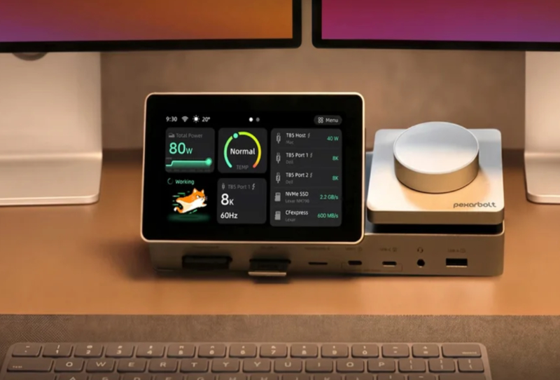 Homepage 2026 10 Lexar PexarBolt Ultra TBT5 Dock showing its touchscreen and rotary dial on a desk