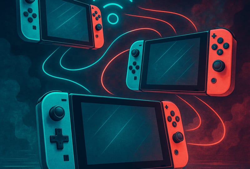 Homepage 2026 33 Several Nintendo Switch consoles placed close together for local wireless multiplayer