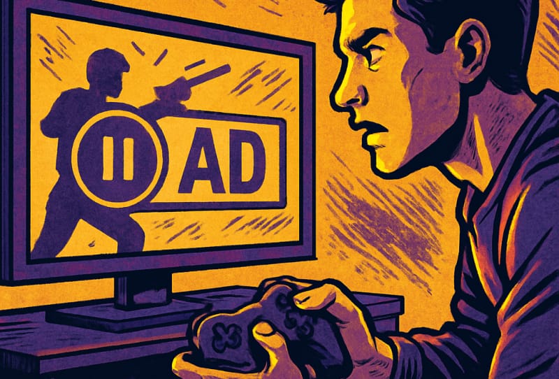 Illustration of a paused video game screen showing a Microsoft in-game ad patent advertisement overlay