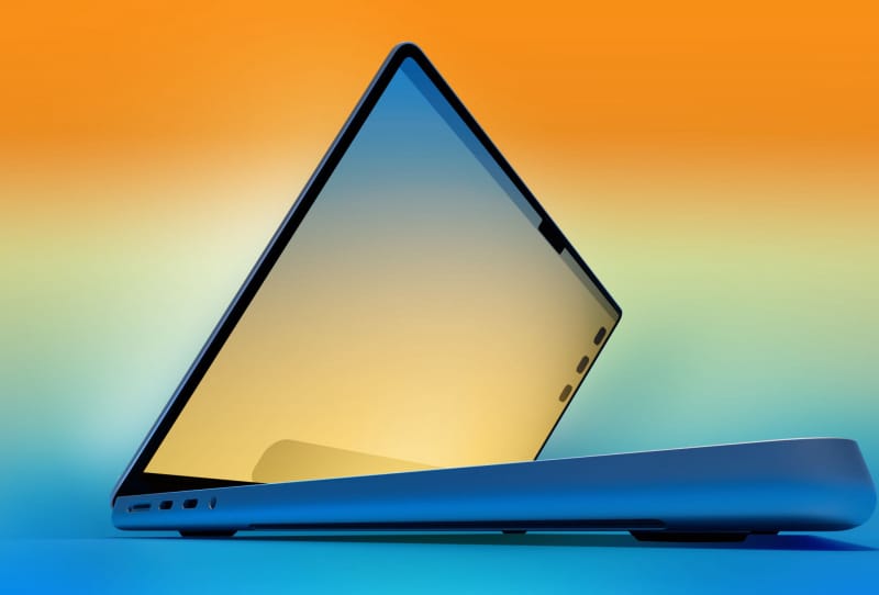 Mini-LED MacBook Pro laptop shown at a low angle highlighting its display