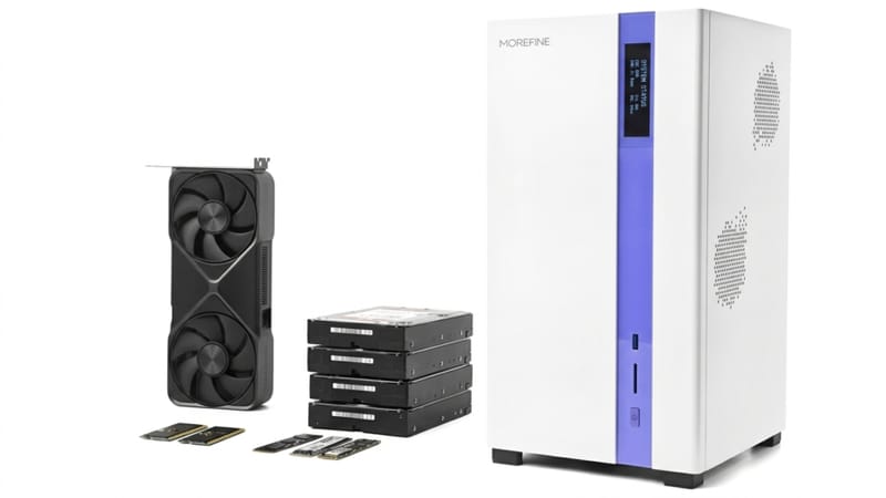 Morefine's MNAS-X1 Squeezes a Gaming GPU Into a NAS 1 Morefine MNAS-X1 NAS chassis showing top-loading drive bays above the motherboard and GPU compartment