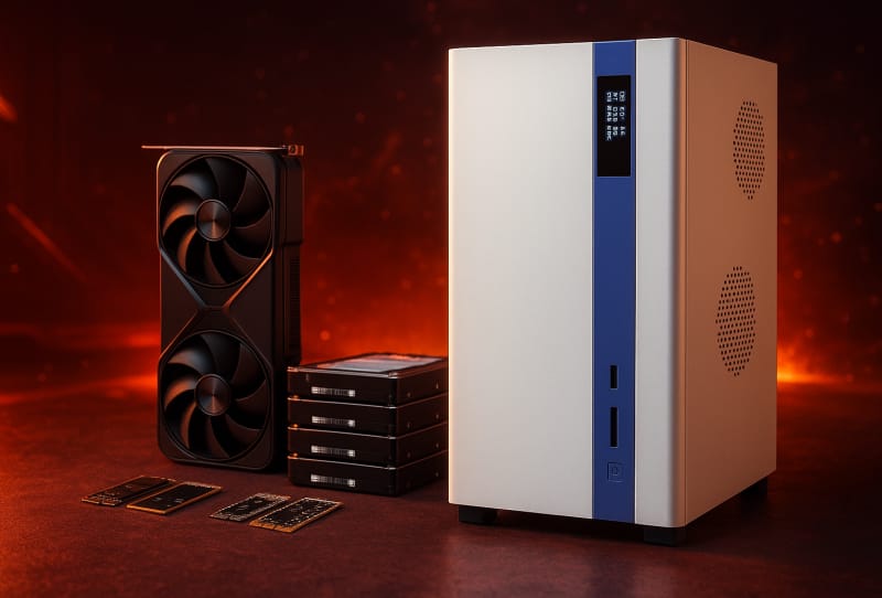 Homepage 2026 3 Morefine MNAS-X1 NAS chassis showing top-loading drive bays above the motherboard and GPU compartment
