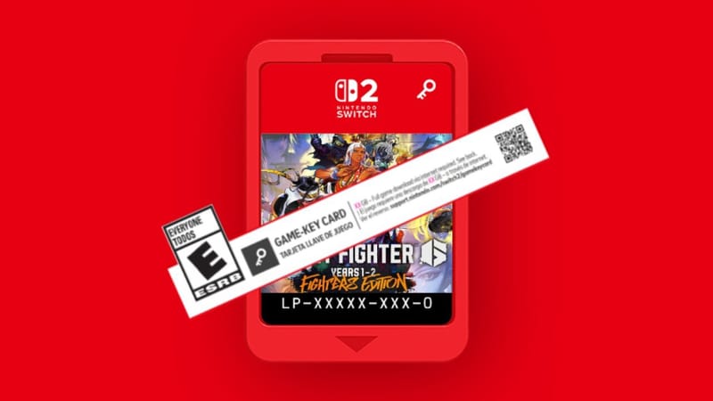 Nintendo game-key cards box art showing the small key icon next to the ratings label on a Switch 2 case