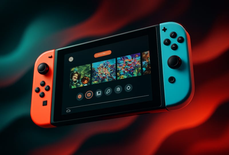 Nintendo Switch console and Joy-Con controllers next to a court gavel symbolising the Nintendo Switch piracy lawsuit