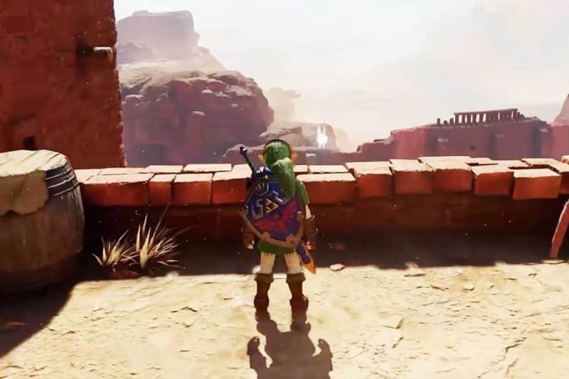 Ocarina of Time Remake gameplay footage showing Link exploring a Hyrule dungeon on Nintendo Switch 2