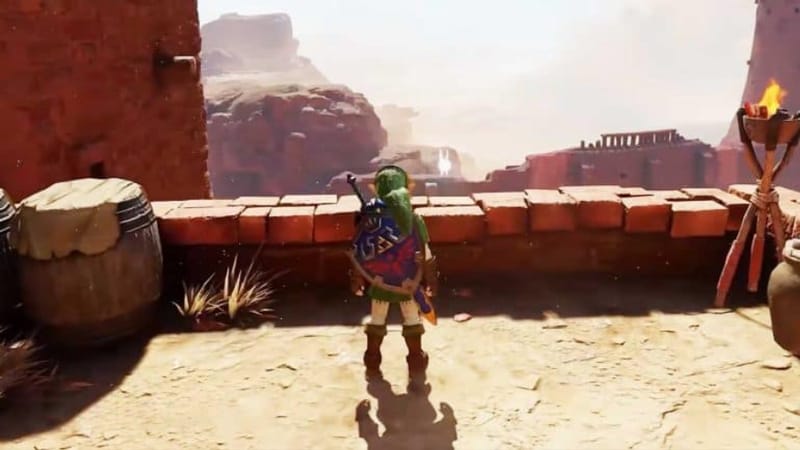 Ocarina of Time Remake gameplay footage showing Link exploring a Hyrule dungeon on Nintendo Switch 2