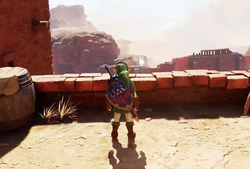 Ocarina of Time Remake gameplay footage showing Link exploring a Hyrule dungeon on Nintendo Switch 2