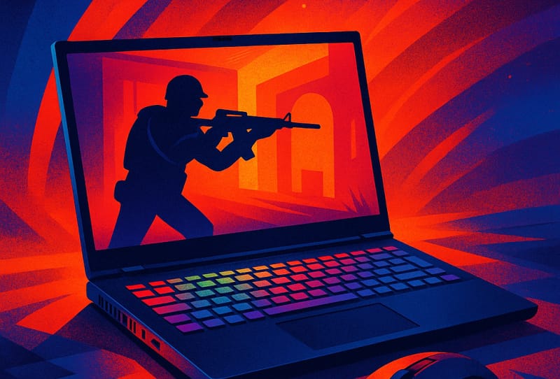 A gaming laptop on a desk with performance monitoring software open on screen