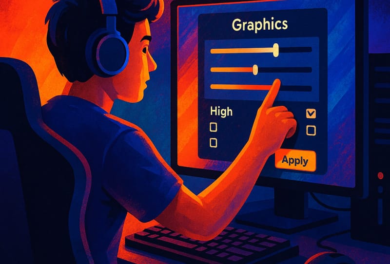 Gamer adjusting graphics settings menu on a PC monitor for better performance