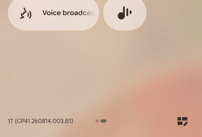 Homepage 2026 12 Pixel phone showing the Voice Broadcast Quick Settings tile used to stream Auracast audio