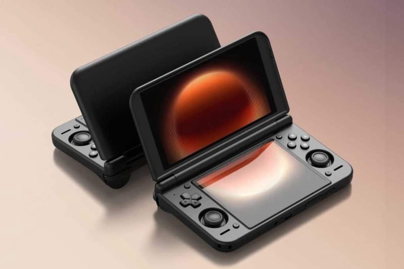 Retroid Pocket Duo handheld console showing its dual OLED display layout