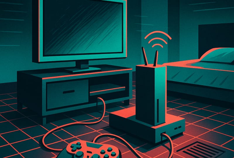 A gaming console set up on a media unit in a bedroom with a TV and controller