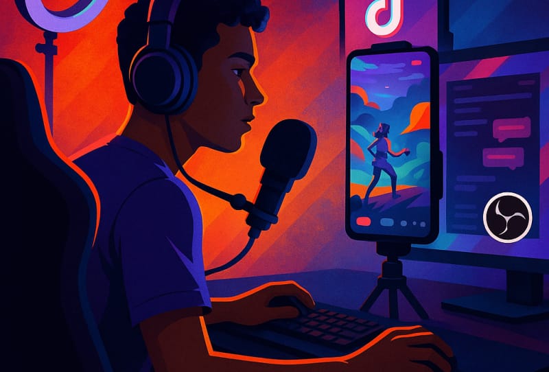 A gamer setting up a live stream on TikTok using a phone and a PC with streaming software open