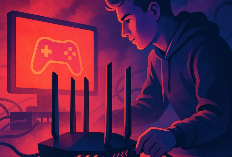 Homepage 2026 34 A gaming router with antennas set up on a desk beside a gaming PC
